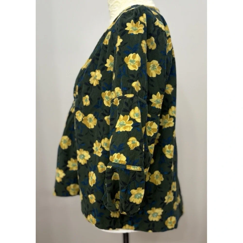 Sonoma Womens PXL Corduroy Tunic Top Floral Yellow Green V Neck Puff Sleeve Boho